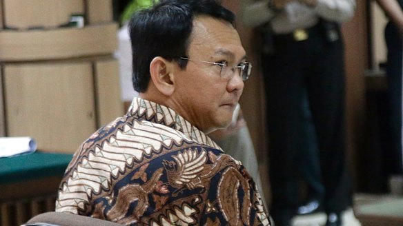 Ahok is seen during his trial at the North Jakarta District Court on blasphemy charges. 