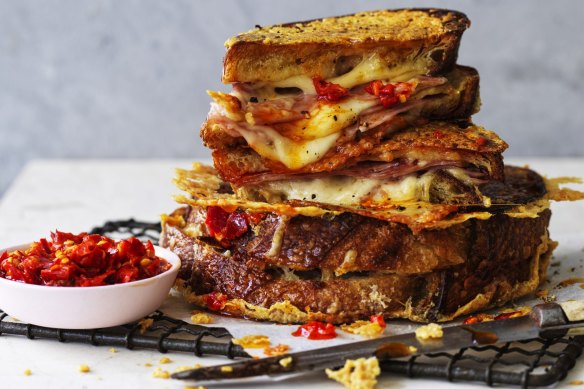 Ham and four-cheese toasted sandwiches with parmesan crusts (chilli optional).