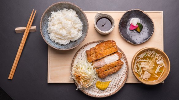 Pork tonkatsu lunch set with hot mustard, rice, miso and vibrant house pickles.