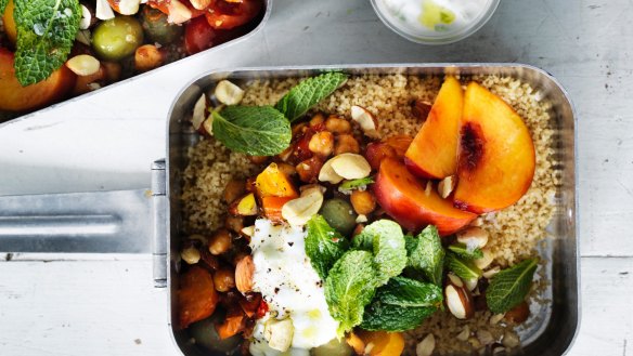 Peachy picnic cous cous with cucumber yoghurt.