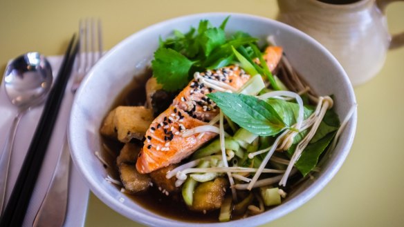 Broth bowl with salmon.