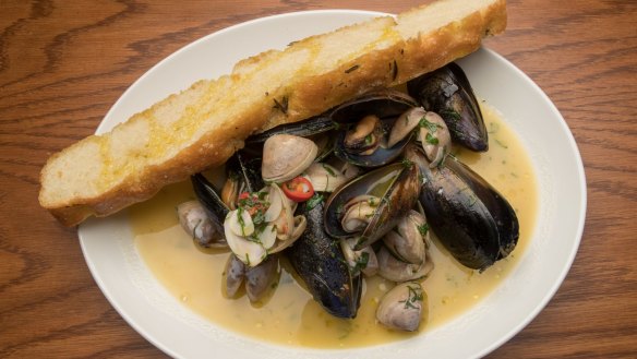 Mussels and clams with house-baked focaccia.
