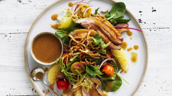 Duck and grapefruit salad with honey-miso dressing and crispy wontons.