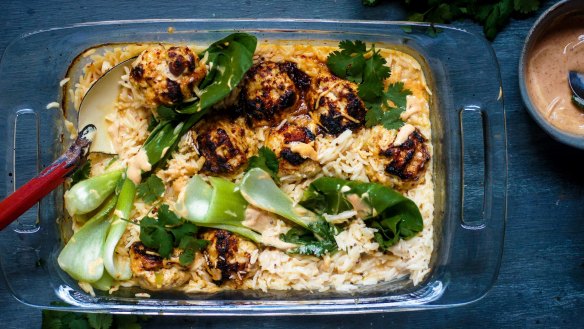 Chicken meatballs with coconut rice, herbs, bok choy and spicy mayo.