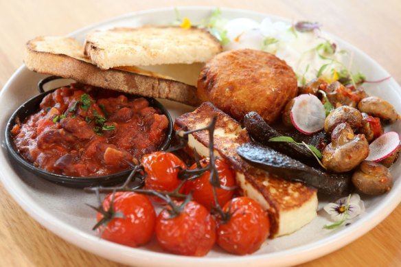 The Abbey hot plate: eggs, boston beans, mushrooms, roasted tomatoes, potato roesti, black pudding and halloumi.