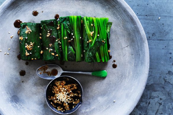 Spinach with lemon, soy and sesame dressing.