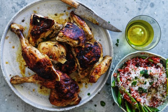 Chicken cooked under a brick.