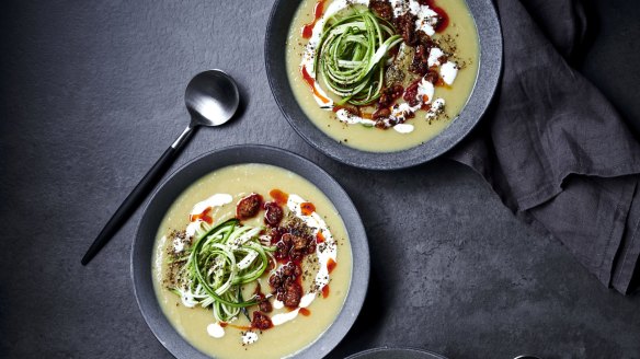 Potato and tahini soup with spiced lamb and zucchini.  