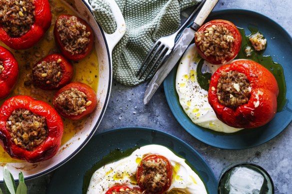 Tomatoes and capsicums stuffed with spiced rice, dried mint and halloumi.