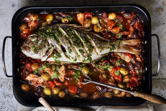 Puttanesca baked fish with salsa verde.  