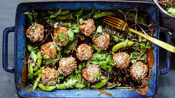 Quick lemongrass pork meatball traybake. 