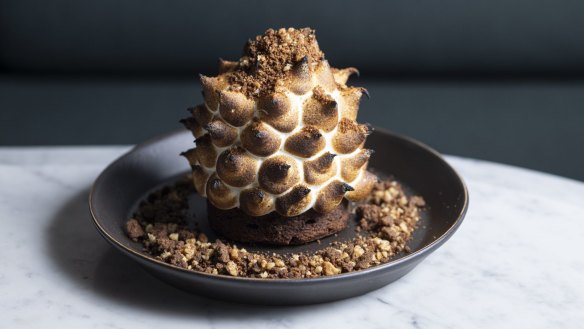 Bombe Alaska with salted macadamia parfait and a chocolate brownie base.