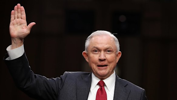 US Attorney-General Jeff Sessions is sworn-in on Capitol Hill prior to testifying on Tuesday.