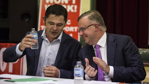 The Greens' Jim Casey and Labor's Anthony Albanese at a Stop WestConnex meeting.