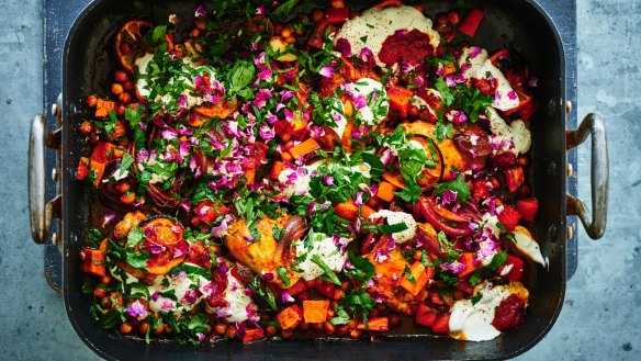 One-tray wonder: Harissa and maple chicken tray bake.