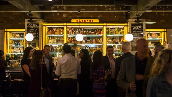 The custom backbar in New York cab yellow.