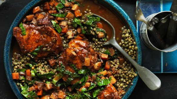 Neil Perry's braised chicken with lentils and vegetables.