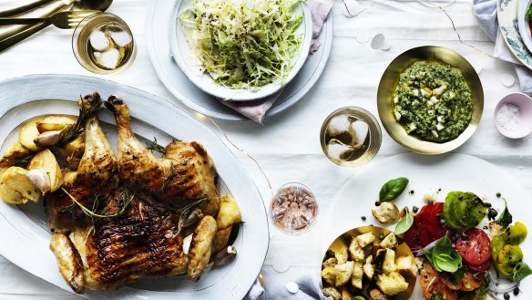 Serve the chicken with salsa (top right), crispy potatoes and a simple 'slaw.