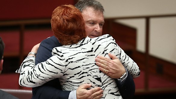 One Nation Senator Rod Culleton is congratulated by Pauline Hanson after giving his first speech in October.