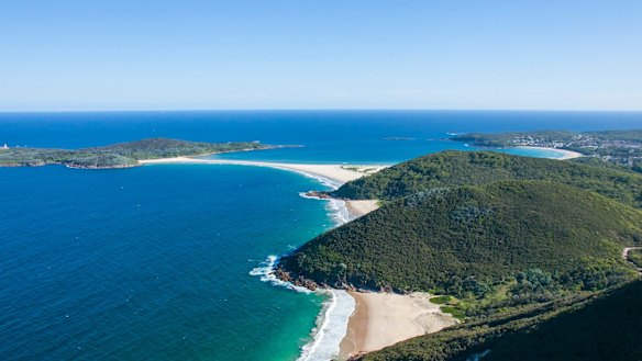 Coastal aerial of Fingal Spit, Port Stephens and Mount Tomaree National Park.