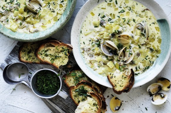 Dig in: Clam and saffron chowder.