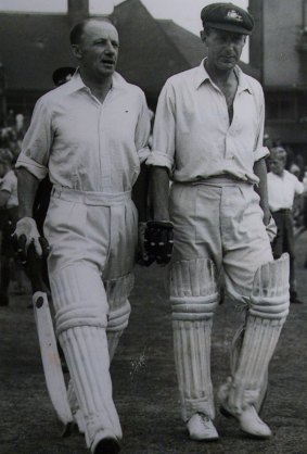 Don Bradman and Arthur Morris walking onto the field at Headingley during the 4th test in 1948.
