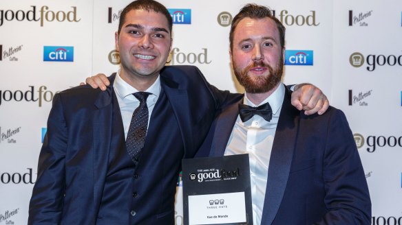 Sommelier Carlos Simoes (left) and chef Justin James from the three-hatted Vue de Monde.