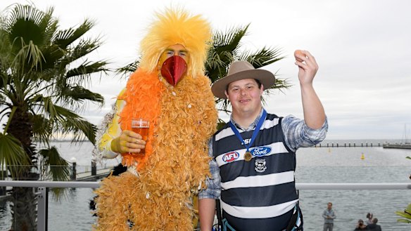 Jeremy Cameron of the Cats and Sam Moorfoot 