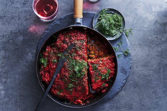 Skillet meatloaf with ajvar sauce recipe.