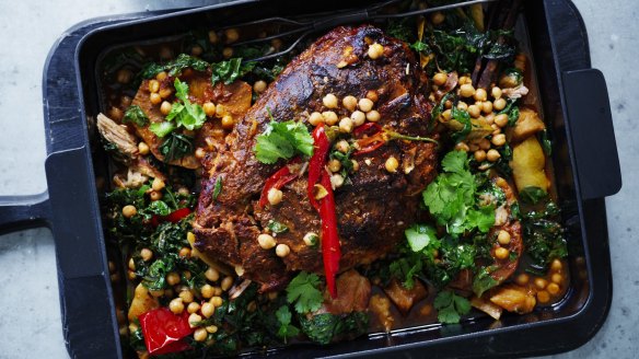 Slow-cooked pork shoulder and celeriac with braised chickpeas and silverbeet.