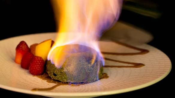 The matcha lava bomb dessert at One Tea Lounge & Grill.