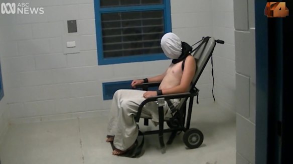 Dylan Voller in a restraining chair in the footage aired on Four Corners. 