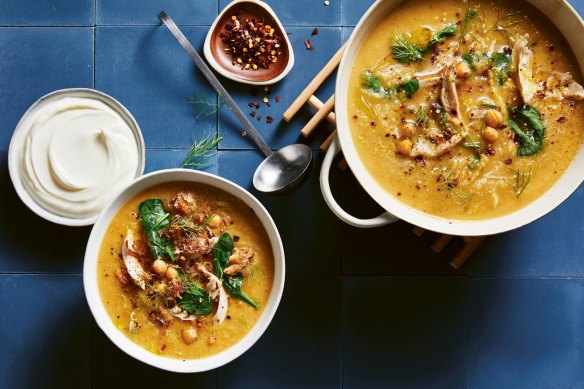 Incredibly tender and creamy: Hearty chickpea and chicken soup.
