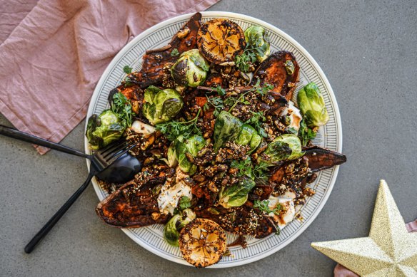 Roasted sweet potato and brussels sprouts.