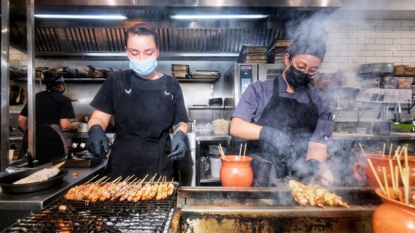 Smoky skewers on the grill.