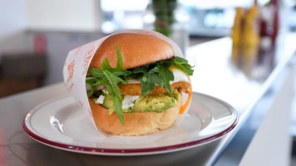 Egglab's breakfast burger with egg, avocado and hash brown.