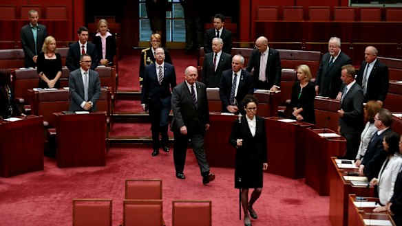 Governor-General Sir Peter Cosgrove opening  the second session of the 44th Parliament, in the Senate, at Parliament House in Canberra in April this year.