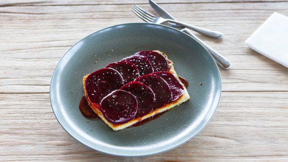 Grilled cheese covered in beet battle armour.