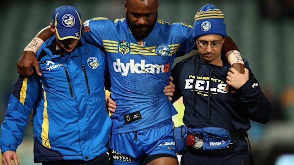 Facing a stint on the bench: Semi Radradra is helped from the field on Friday night.