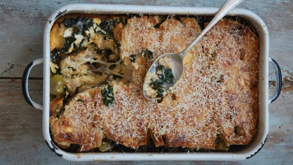 Savoury bread and butter pudding: Kale, leek, mushroom and ricotta strata.