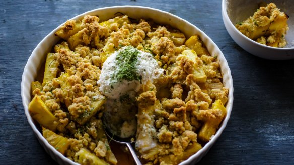 Serve this tropical crumble with quick kaffir lime dust and coconut gelato.