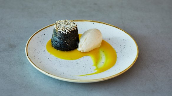XO's black sesame cake with a yuzu curd and ginger ice cream. 