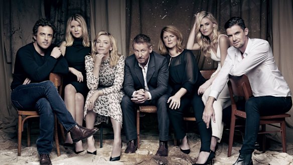The cast of <i>The Present</i> at Sydney Theatre Company. From left: Chris Ryan, Jacqueline McKenzie, Cate Blanchett, Richard Roxburgh, Susan Prior, Anna Bamford, Toby Schmitz.