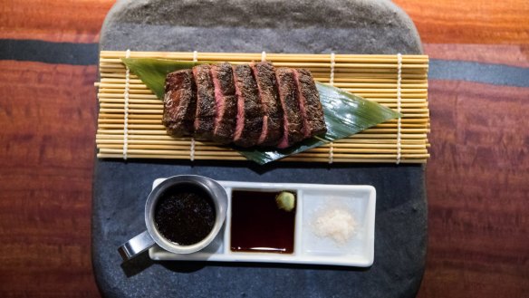 Wagyu with black pepper sauce, wasabi, soy and sea salt at Gaku Robata Grill.