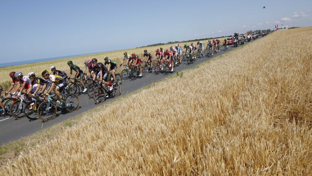 The pack rides along the English Channel on France's Normandy west coast during the 191.5-kilometre sixth stage.