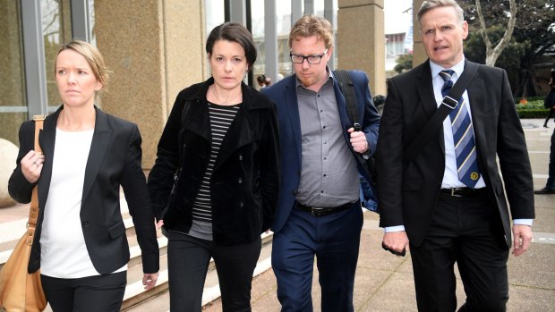 Morgan Huxley's sister, Tiffany Huxley (second from left), leaves the NSW Court of Criminal Appeal in Sydney on Monday.