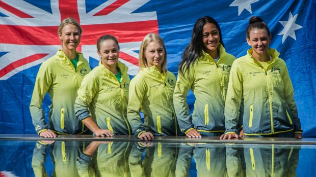 The Australian Fed Cup team in Canberra on Friday: (l-r) team captain  Alicia Molik, Ash Barty Daria Gavrilova, Destanee Aiava and Casey Dellacqua.