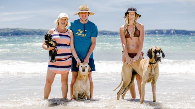 Janette and David Sloan, with Pepper and Flynn, and Belinda Wedgwood, with Delta, enjoy their time at the beach.