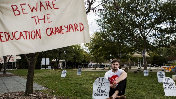 ANU Students' Association Education Officer James Connolly, 21, at the centre of the ANU (Union Court) which was transformed  into a makeshift graveyard as a stunt to protest successive funding cuts to higher education earlier this month.
