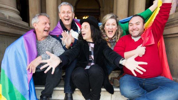 Musical theatre stars Simon Burke, Mark Trevorrow (Bob Downe), Paul Capsis, Virginia Gay and Trevor Ashley. They are doing a benefit show for Orlando at Sydney Town Hall. 